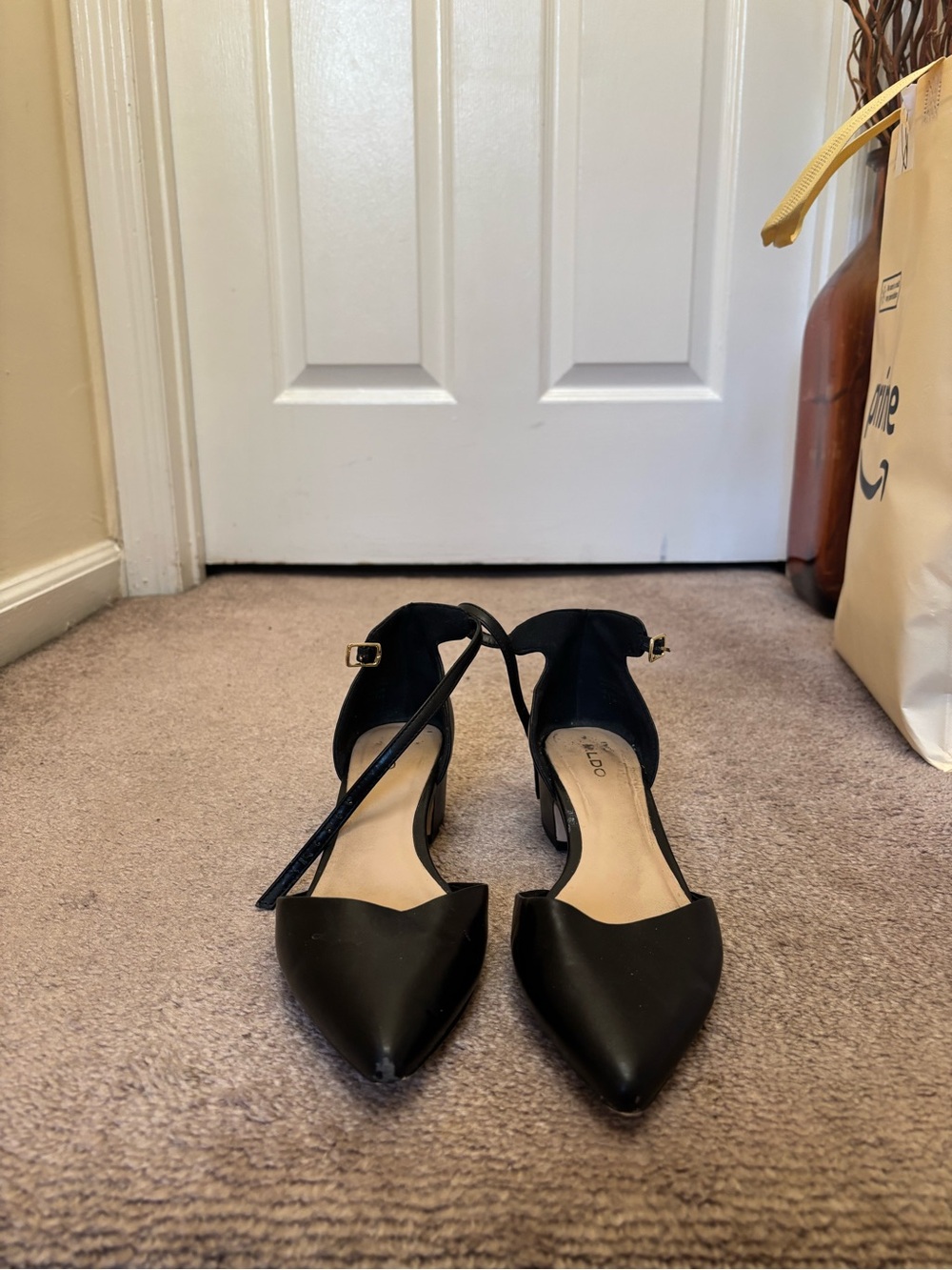 Black Pointed Ankle-Strap Women's Flats